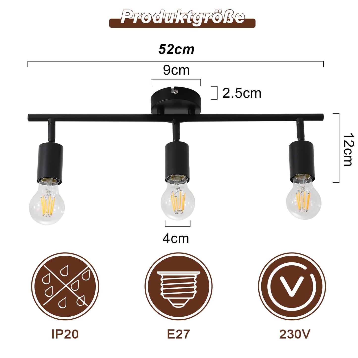 ZMH Deckenstrahler 3 Flammig Deckenleuchte Schwarz - E27 Flur Deckenspot Vintage Deckenlampe Schwenkbar 350° Spots Industrial küchenlampe für Küche Wohnzimmer Schlafzimmer (ohne Leuchtmittel)