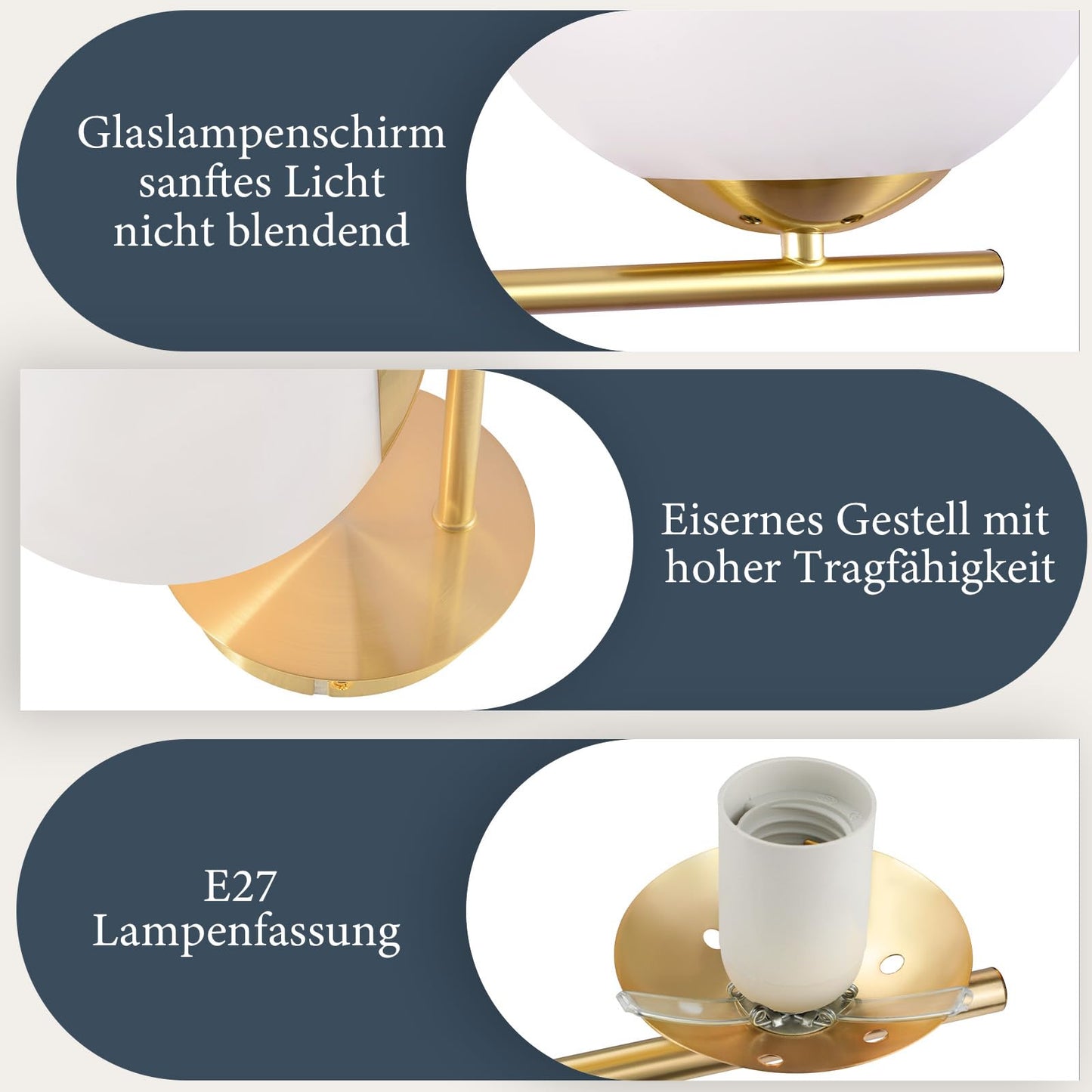 ZMH Wandleuchte Innen Wandlampe Modern - Flurlampe Gold E27 Bettlampe Weiß Glas Badlampe Kugel Badezimmerlampe Metall Badezimmer für Treppenhaus Wohnzimmer Schlafzimmer Flur Bad - Ohne Leuchtmittel