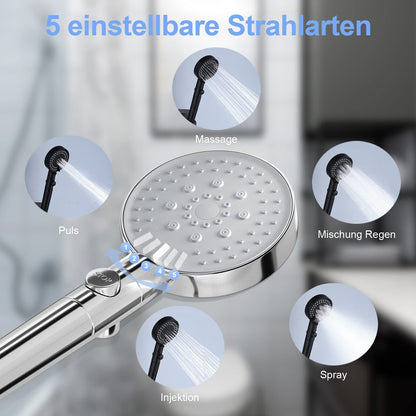 ZMH Duschkopf Wassersparend mit 1.5M Schlauch Brausehalterung - Handbrause Chrom Filter mit 5 Strahlarten Wasserstop, Druckerh?hende Regendusche Sparduschkopf
