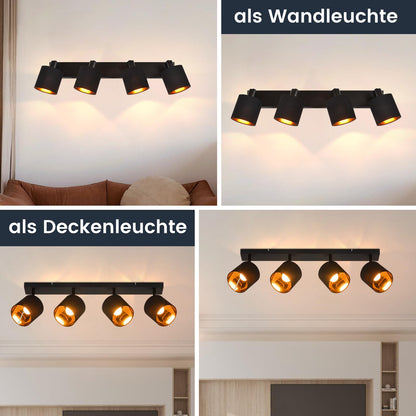 ZMH Deckenlampe 4 Flammig Deckenstrahler Schwarz - Deckenleuchte Wohnzimmer Vintage Wohnzimmerlampe E14 Schwenkbar 350° MAX.25W Stoffschrim für Schlafzimmer Flur(ohne Leuchtmittel)