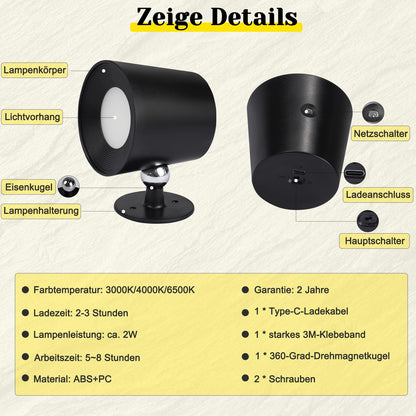 ZMH Wandlampe LED Wandleuchte Innen - Wandbeleuchtung 2 St¨¹ck mit Akku 360¡ã Drehbare Touch Control 3 Helligkeitsstufen Schwarz Kabellose Wandleuchten F¨¹r Wohnzimmer Kinder Schlafzimmer