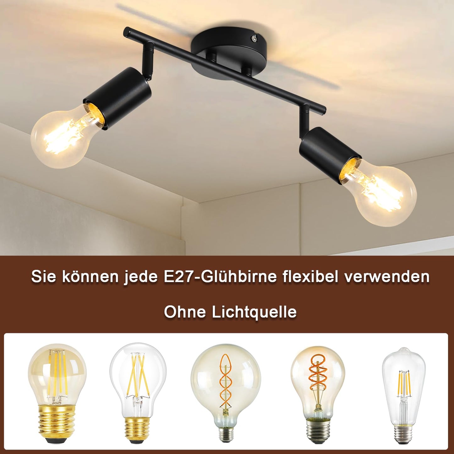 ZMH 2ER Deckenleuchte Schwarz Deckenlampe 2 Flammig - E27 Deckenstrahler Vintage Flur Deckenspot Schwenkbar 350° Spots Industrial küchenlampe für Küche Wohnzimmer Schlafzimmer (ohne Leuchtmittel)