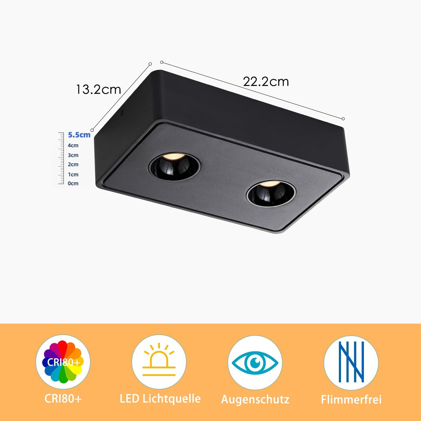 ZMH Spots Deckenleuchte LED Aufputz - Schwarz Aufbaustrahler mit 2 Flammig Deckenspots 14W Warmwei? Deckenstrahler Eckig Modern Spotbaken Flach Aufbauspot f¨¹r K¨¹che Wohnzimmer Esszimmer Korridor Flur