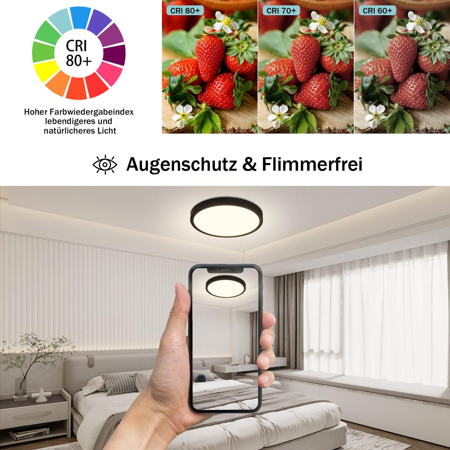 ZMH LED Deckenleuchte Rund Schwarz - 24W Deckenlampe Modern LED Badlampe Neutralweiß 4000K IP44 Ultra Dünn Ø 23 CM Wasserfest für Küche Büro Wohnzimmer Badezimmer Kinderzimmer