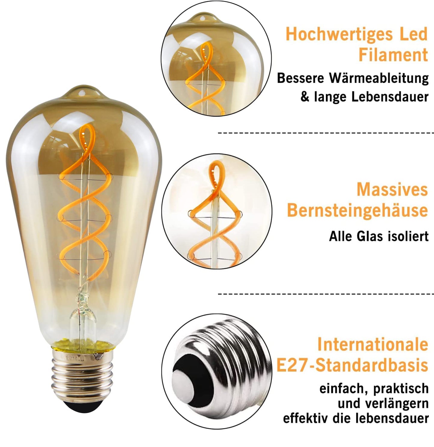 ZMH 1X Edison Glühbirne E27 LED Vintage - Retro Dekorative Leuchtmittel 4W - ST64 LED Spiral Filament Lampen 2200K Warmweiss Licht Antike Glas Glühlampe für Haus Café Bar Restaurant