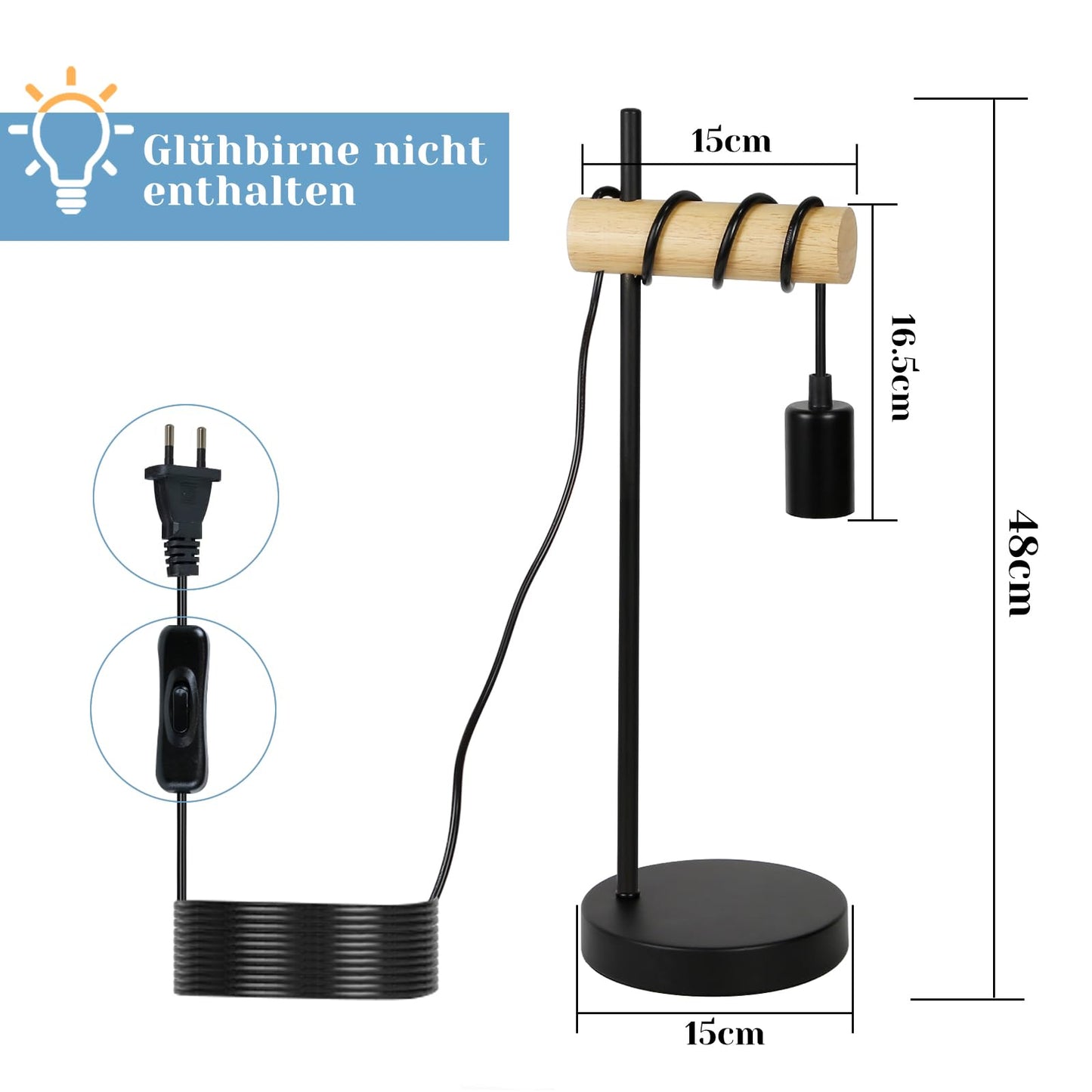 ZMH Tischlampe Holz Nachttischlampe Vintage Tischleuchte Schwarz Retro E27 in Industrial Rustikal Design Nachttischleuchte Kabel mit Schalter für Wohnzimmer Schlafzimmer Dekorative Beleuchtung