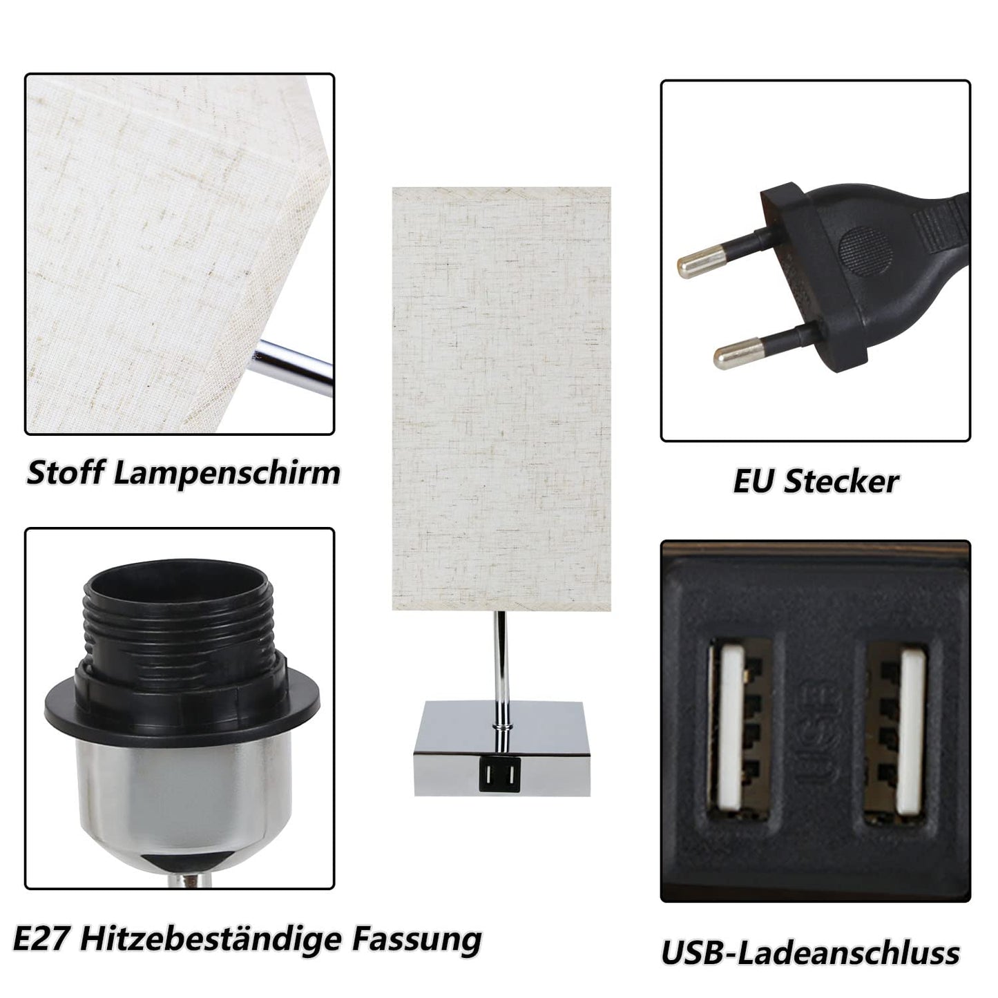 ZMH Tischlampe Schlafzimmer Nachttischlampe Dimmbar - Touch Nachtlicht Warmweiß E27 mit USB Ladefunktion Stoff Lampenschirm für Deko, Nachttisch, Geschenk,Esszimmer, Wohnzimmer