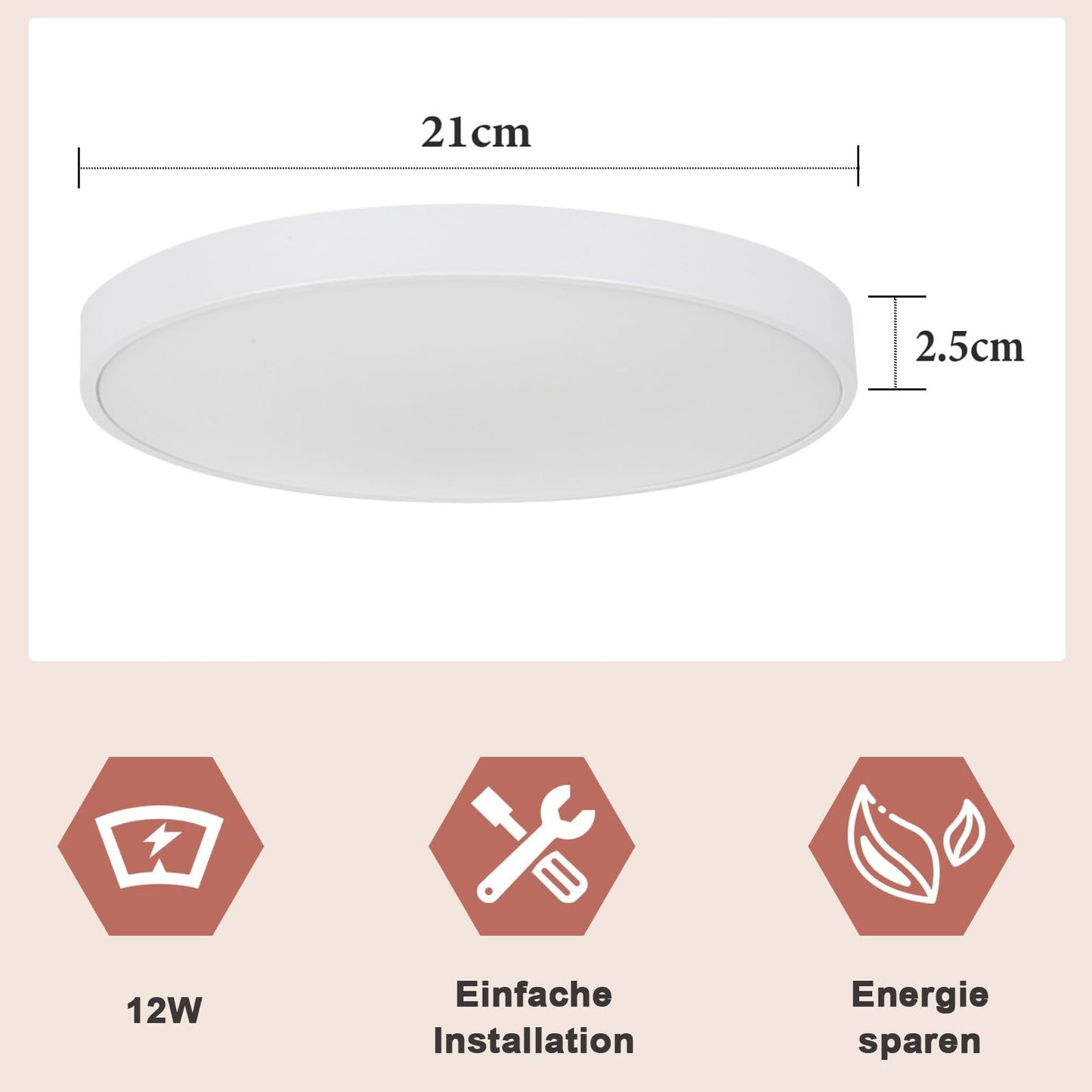 ZMH Deckenlampe LED Deckenleuchte Flach - Badezimmerlampe Küchenlampe12W IP44 Flurlampe Kellerlampe Ø21cm Rund Schlafzimmerlampe Warmweiß Wohnzimmer Schlafzimmer Flur Büro Küche Bad