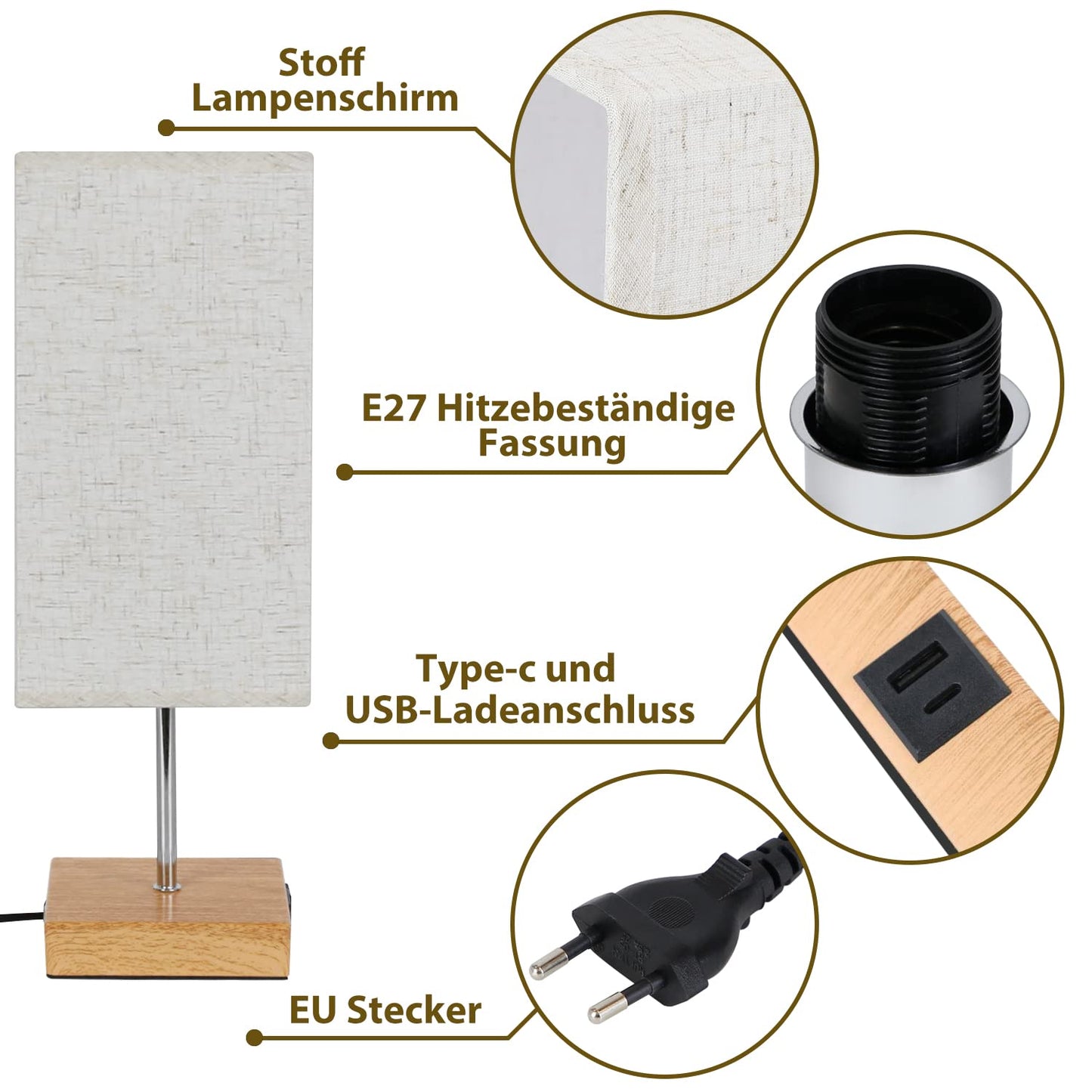 ZMH Tischlampe Dimmbar Touch Nachttischlampe - USB Vintage Schreibtischlampe mit Ladefunktion E27 Aufladbar Nachtlicht mit Stoff Lampenschirm für Schlafzimmer Geschenk Esszimmer Wohnzimmer