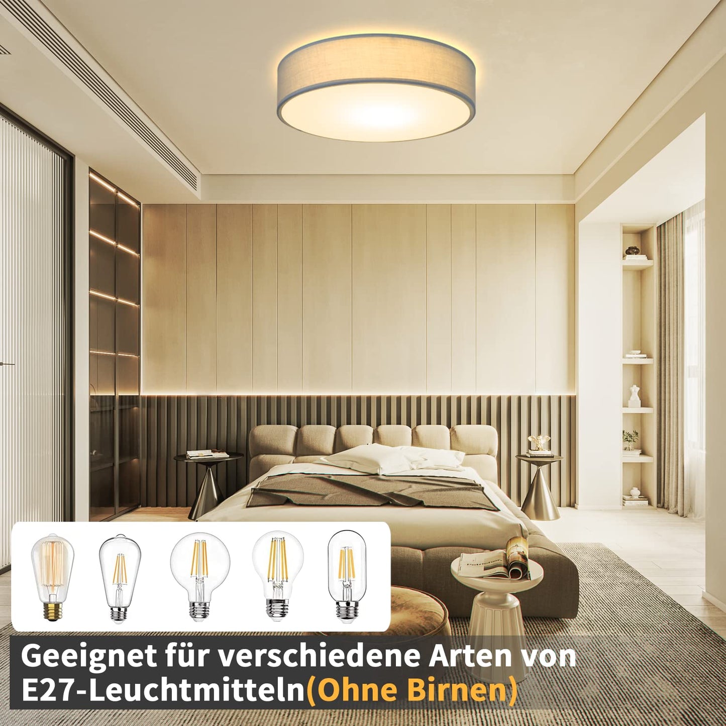 ZMH 2er Deckenlampe Schlafzimmer Deckenleuchte Rund - 1 Flammig E27 Wohnzimmerlampe Stoff Modern Schlafzimmerlampe Grau Küchenlampe mit Stoffschirm Flurlampe für Wohnzimmer Küche Flur Ø30CM