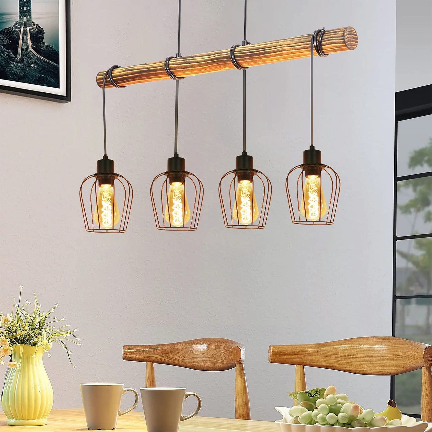 ZMH Retro Pendelleuchte Vintage Hängelampe 4 flammige Holz Esszimmerlampe Pendellampe Wohnzimmer im Industrial Design mit höhenverstellbaren Strahlern - Schwar - Fassung: E27 - ohne Leuchtmittel