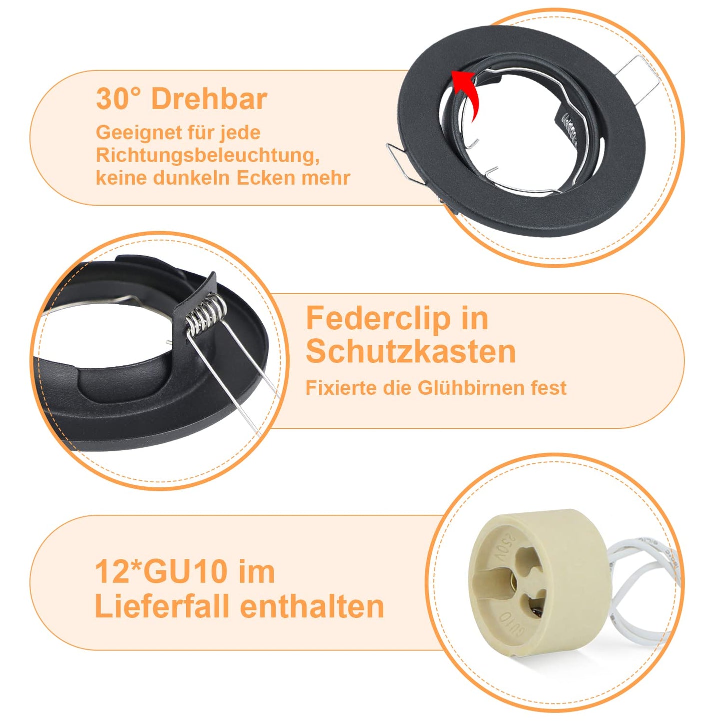 ZMH 12er LED Einbaustrahler GU10 Einbaurahmen - Einbauleuchten Spots Schwenkbar 30° Rund Einbauspots inkl. GU10 Fassung Chrom Halogen Rahmen geeignet für LED Leuchtmitte