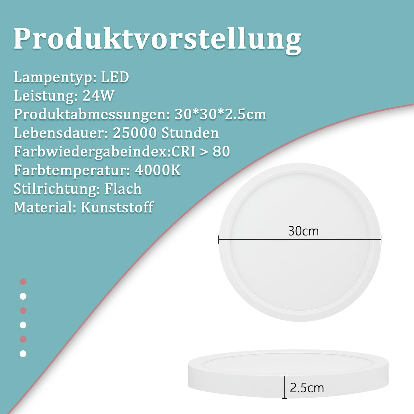 ZMH Deckenlampe LED Deckenleuchte Schlafzimmer - Schlafzimmerlampe Flach Ø30CM Badezimmerlampe Rund Küchenlampe Weiß Flurlampe Decke 24W Badezimmer Deckenbeleuchtung 4000K für Bad Küche Flur