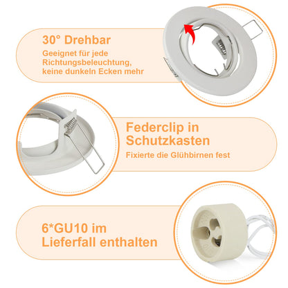 ZMH 6ER Einbaurahmen GU10 Set - Einbaustrahler Rahmen Einbauleuchte Weiß Fassungen 230V mit Sockel Lochdurchmesser 50mm Einbauspots Rund aus Metall Schwenkbar 30° Spot für LED Leuchtmittel Halogen