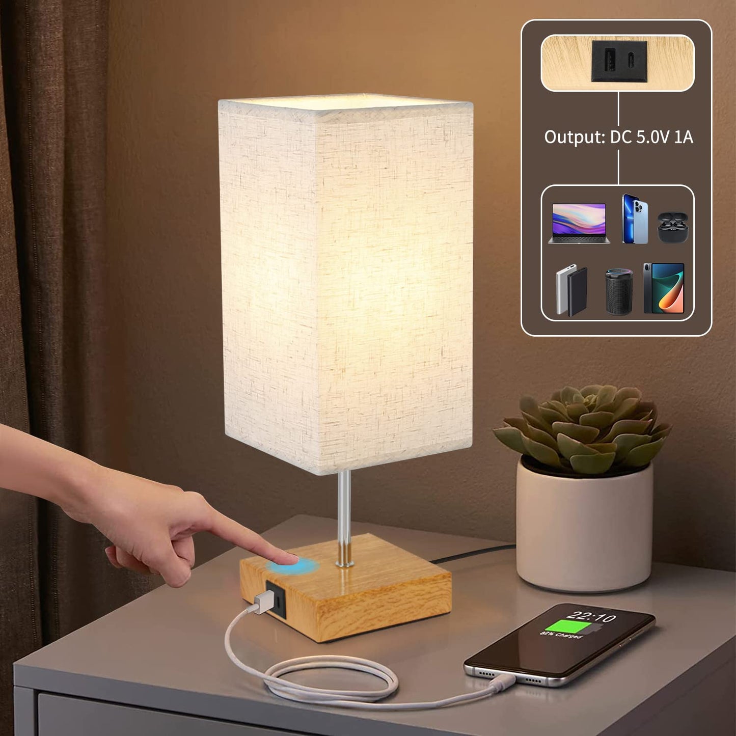 ZMH Tischlampe Dimmbar Touch Nachttischlampe - USB Vintage Schreibtischlampe mit Ladefunktion E27 Aufladbar Nachtlicht mit Stoff Lampenschirm für Schlafzimmer Geschenk Esszimmer Wohnzimmer