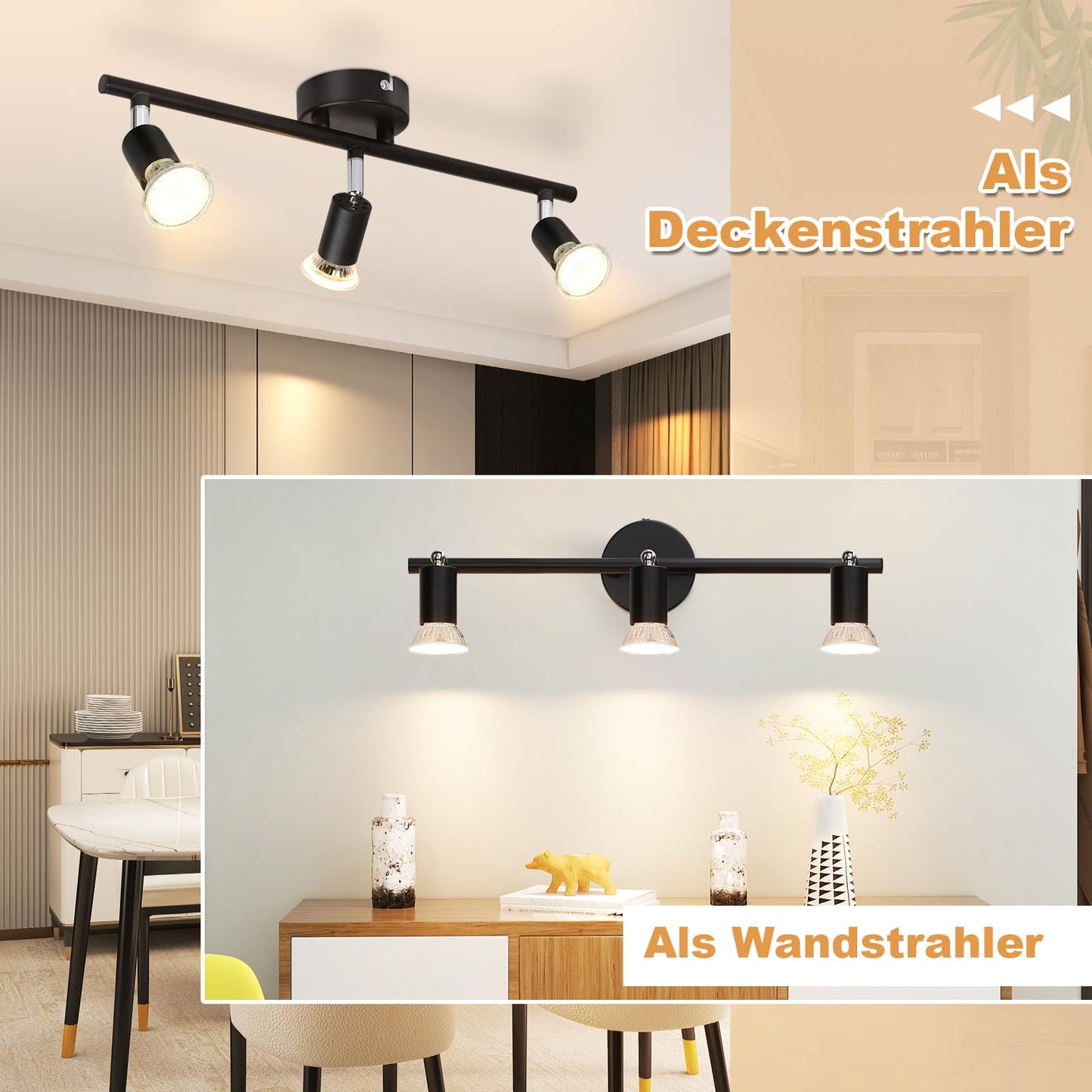 ZMH Deckenstrahler Schwarz 3 Flammig Deckenleuchte - 2ER Deckenspots Schwenkbar GU10 330° Drehbar Deckenlampe Modern Metall Spot Decke Wohnzimmer Schlafzimmer Flur