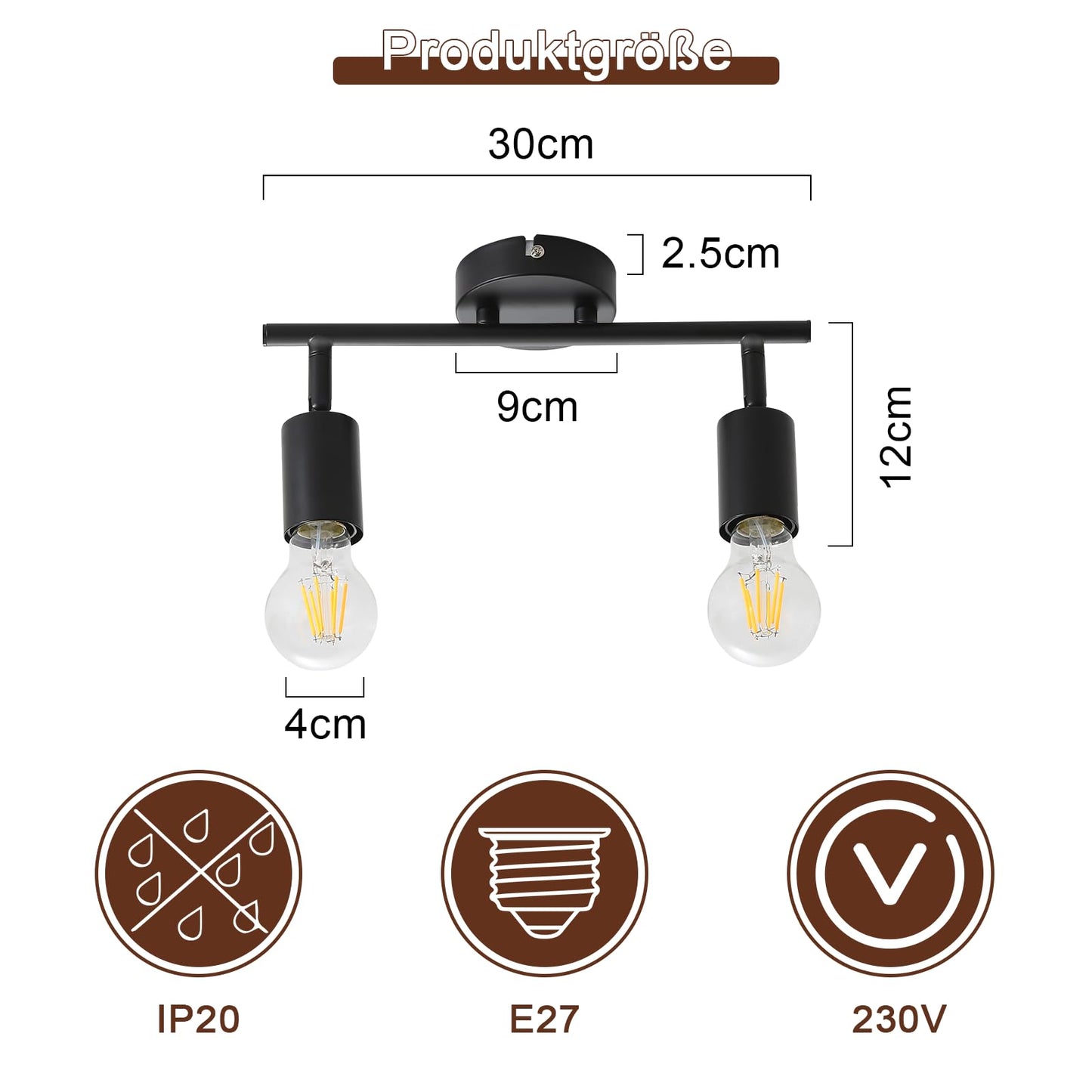 ZMH 2ER Deckenleuchte Schwarz Deckenlampe 2 Flammig - E27 Deckenstrahler Vintage Flur Deckenspot Schwenkbar 350° Spots Industrial küchenlampe für Küche Wohnzimmer Schlafzimmer (ohne Leuchtmittel)