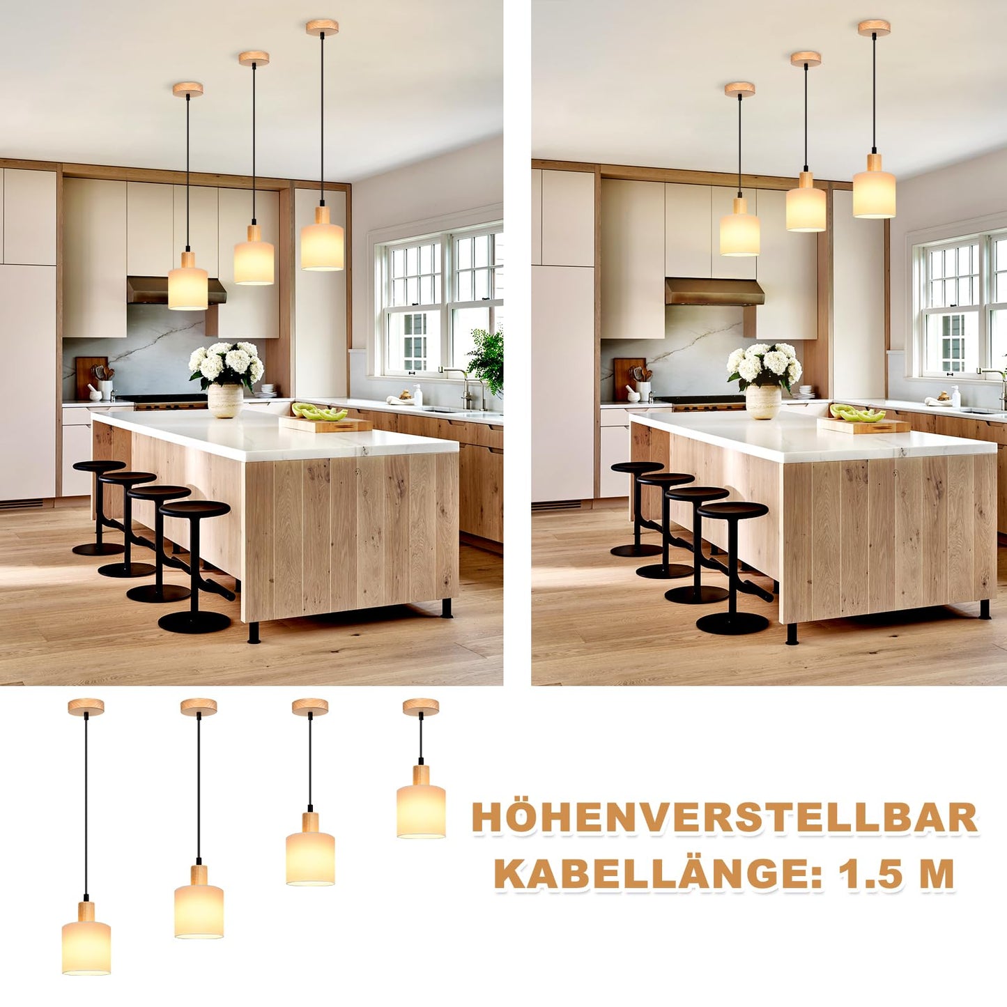 ZMH Pendelleuchte 1 Flammig 2ER Esstischlampe - Holz Stoffschrim Hängeleuchte E14 Esszimmerlampe Vintage Hängelampe Küche Pendellampe Flurlampe für Wohnzimmer Restaurant Schlafzimmer Flur