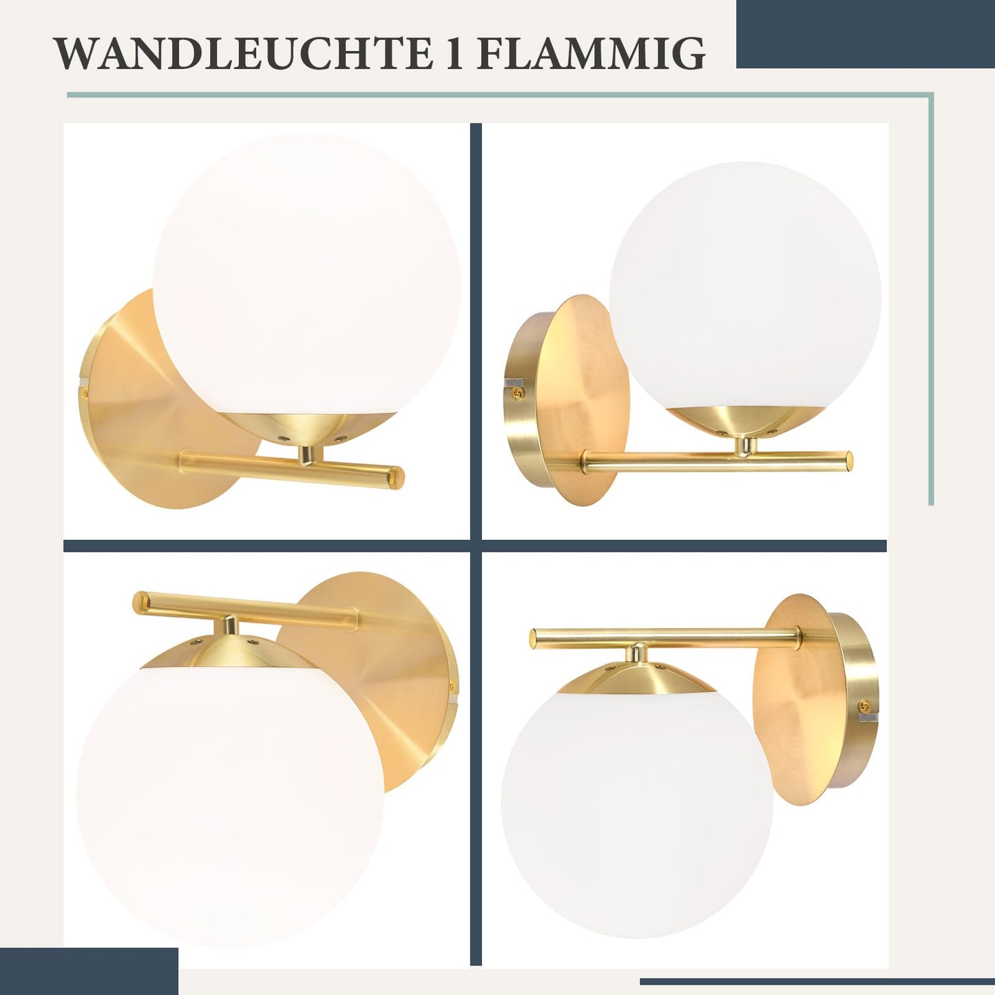 ZMH Wandleuchte Innen Wandlampe Modern - Flurlampe Gold E27 Bettlampe Weiß Glas Badlampe Kugel Badezimmerlampe Metall Badezimmer für Treppenhaus Wohnzimmer Schlafzimmer Flur Bad - Ohne Leuchtmittel