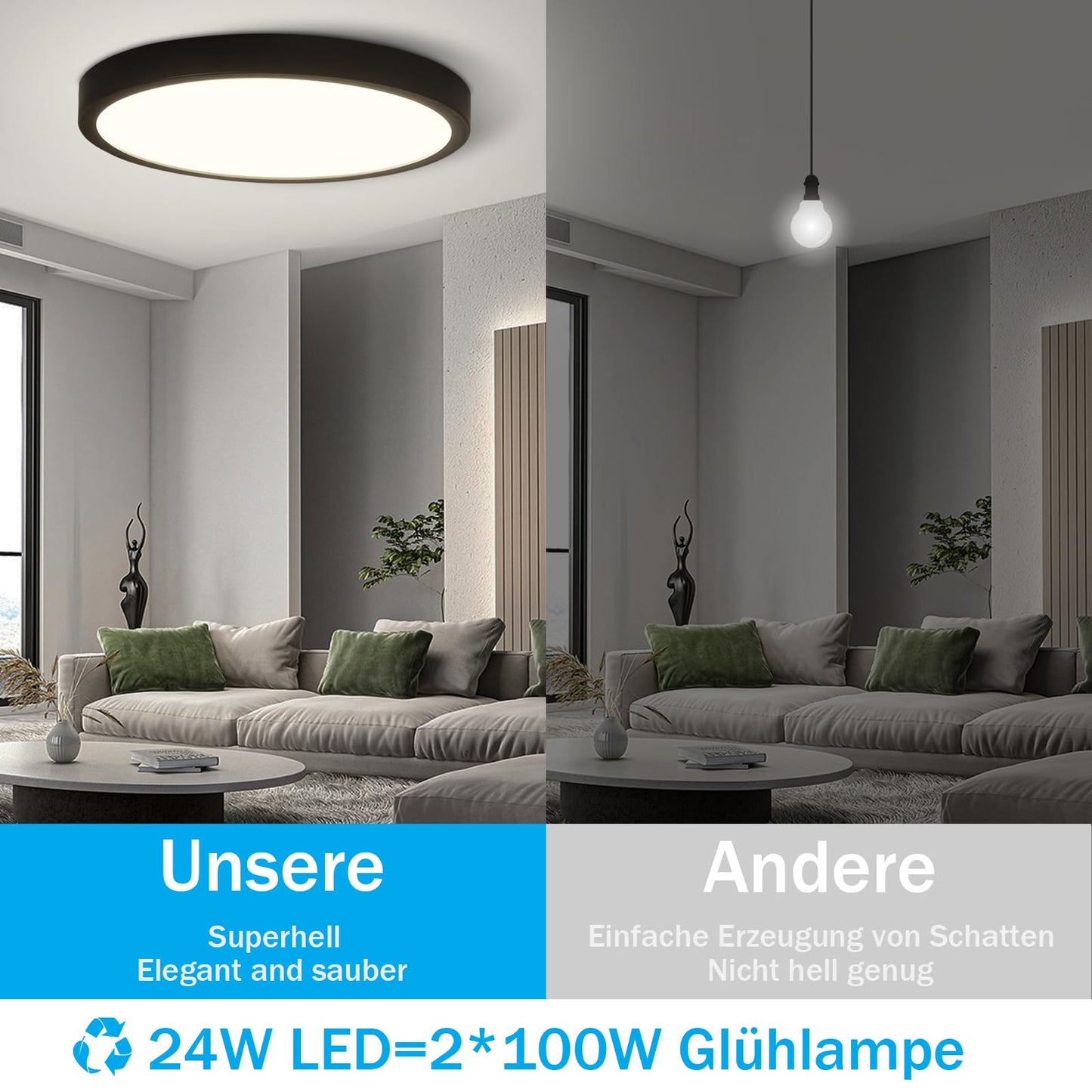 ZMH LED Deckenleuchte Rund Schwarz - 24W Deckenlampe Modern LED Badlampe Neutralweiß 4000K IP44 Ultra Dünn Ø 23 CM Wasserfest für Küche Büro Wohnzimmer Badezimmer Kinderzimmer