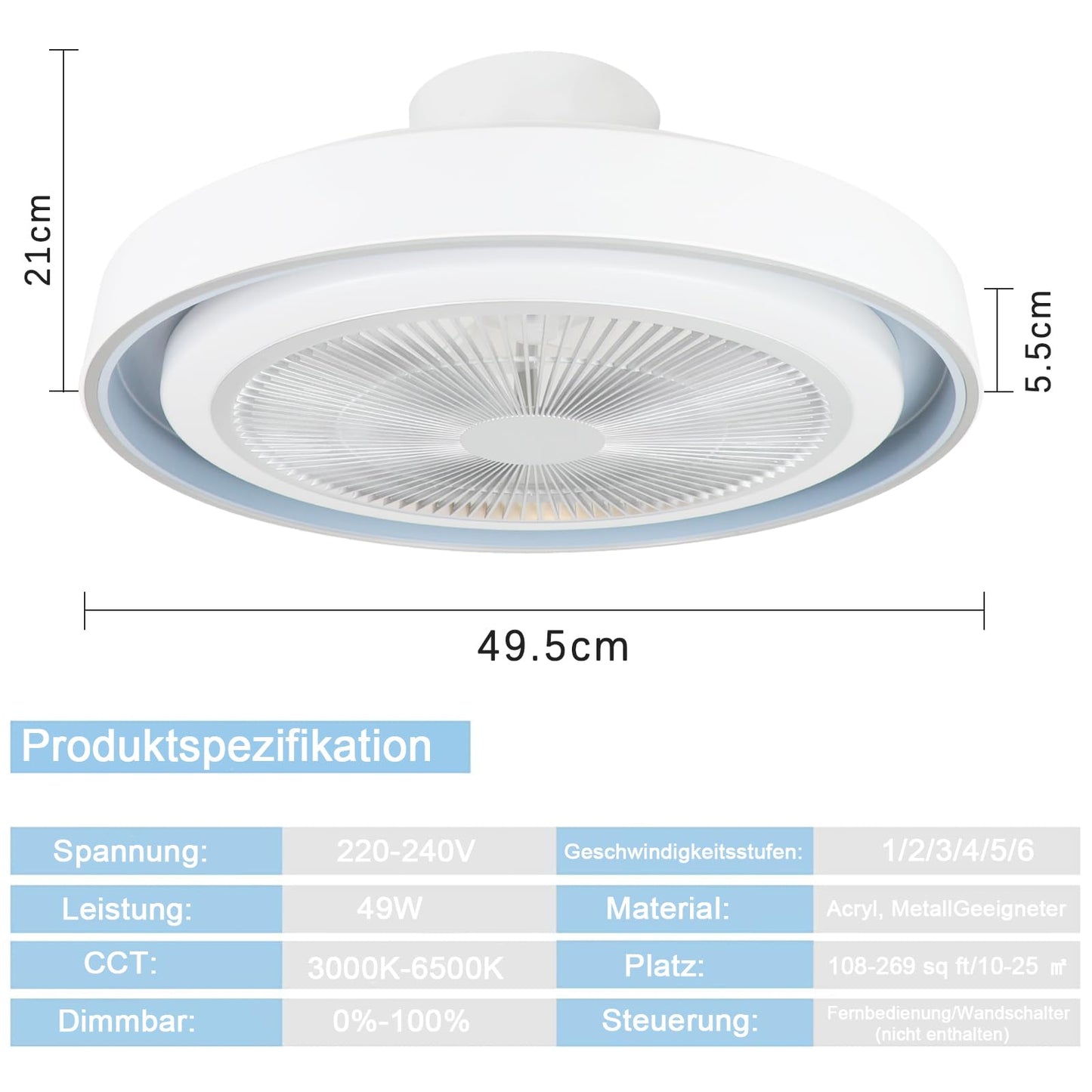 ZMH Deckenventilator mit Beleuchtung und Fernbedienung - Dimmbar LED Deckenleuchte mit Ventilator Lampe Decke Leise Modern Deckenlampe Blau 5 Flügeln Licht für Schlafzimmer Wohnzimmer Esszimmer