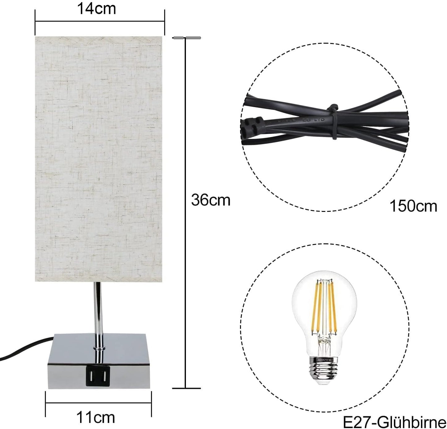 ZMH Tischlampe Schlafzimmer Nachttischlampe Dimmbar - Touch Nachtlicht Warmweiß E27 mit USB Ladefunktion Stoff Lampenschirm für Deko, Nachttisch, Geschenk,Esszimmer, Wohnzimmer