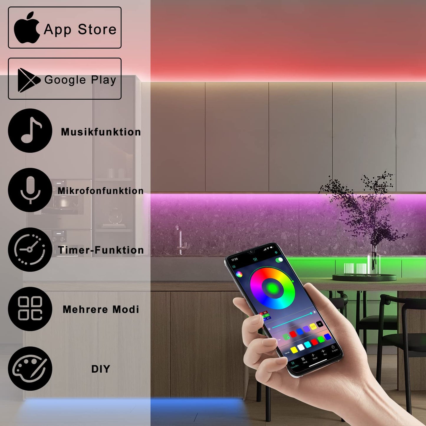 ZMH RGB LED Strip 20m: 16 Mio Selbstklebend Streifen APP Steuerung Bluetooth Licht Bänder mit Fernbedienung Dimmbar Lichtleiste TV Hintergrundbeleuchtung Musik Sync für Party Valentinstag Deko