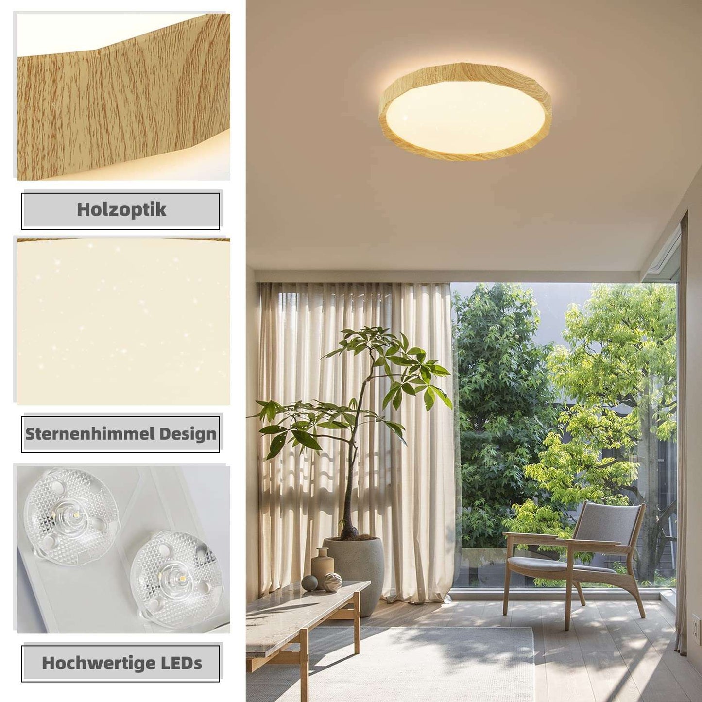 ZMH Deckenlampe LED Deckenleuchte Wohnzimmer - Wohnzimmerlampe Holzoptik Ø40cm Schlafzimmer Deckenbeleuchtung 43W Schlafzimmerlampe Dimmbar mit Fernbedienung Küchenlampe Boho Flurlampe für Küche Flur