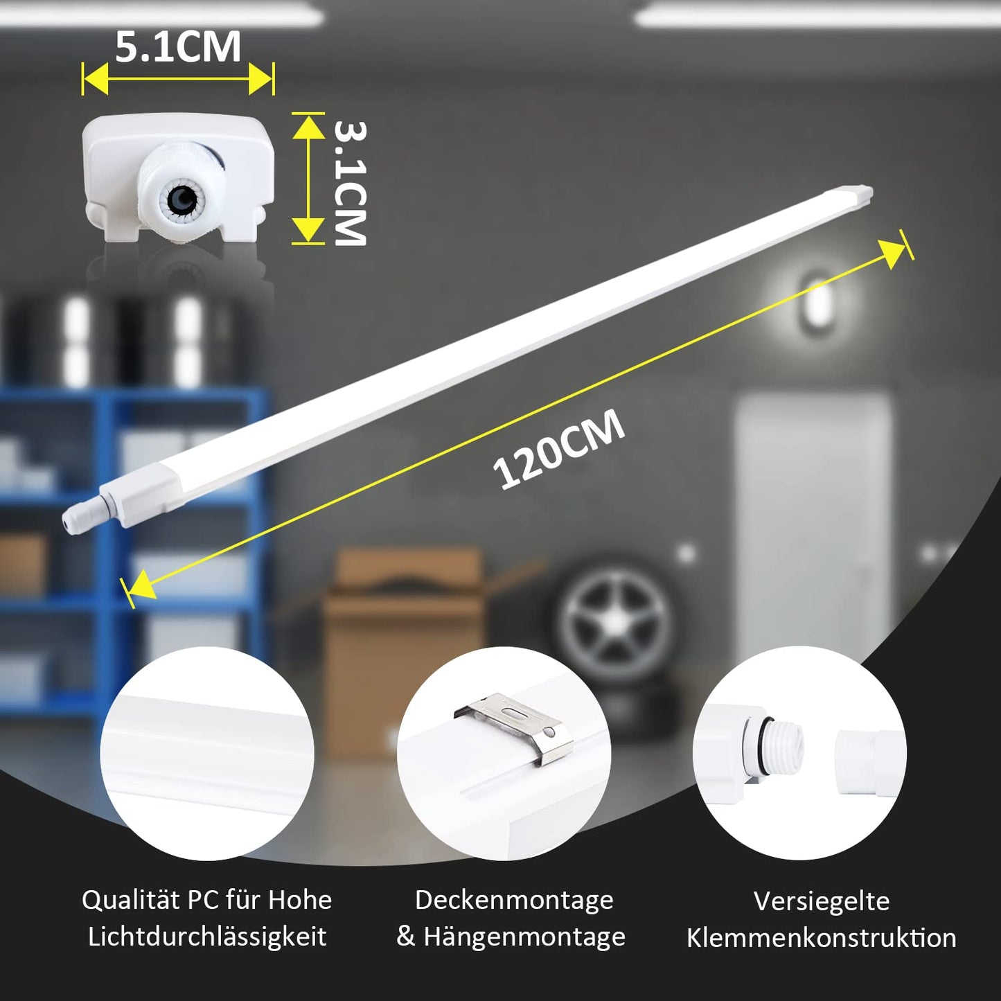 ZMH Feuchtraumleuchte LED 120CM Werkstattlampe - 36W 3960LM Deckenlampe IP65 Wasserfest Kellerlampe Neutralweiß 4000K Leuchtstoffröhre für Garage Werkstatt Feuchtraum Küche Warenhaus Büro Bad