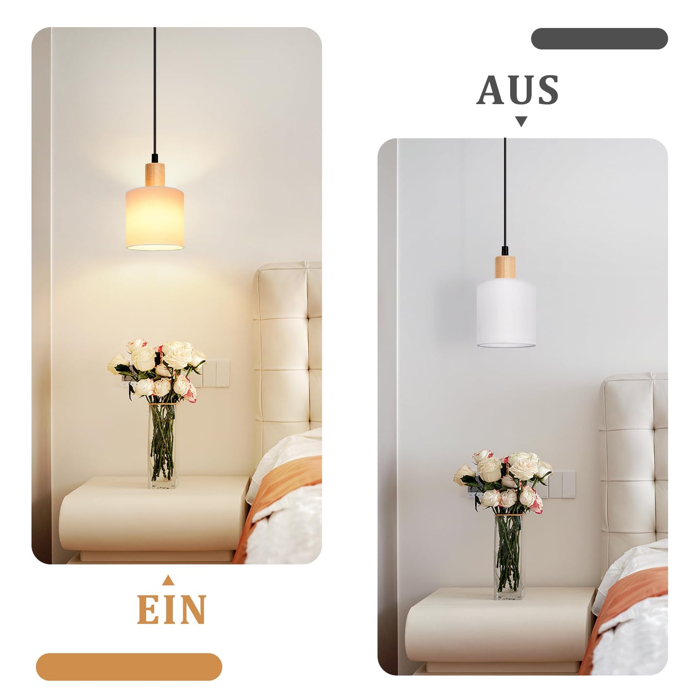 ZMH Pendelleuchte 1 Flammig 2ER Esstischlampe - Holz Stoffschrim Hängeleuchte E14 Esszimmerlampe Vintage Hängelampe Küche Pendellampe Flurlampe für Wohnzimmer Restaurant Schlafzimmer Flur