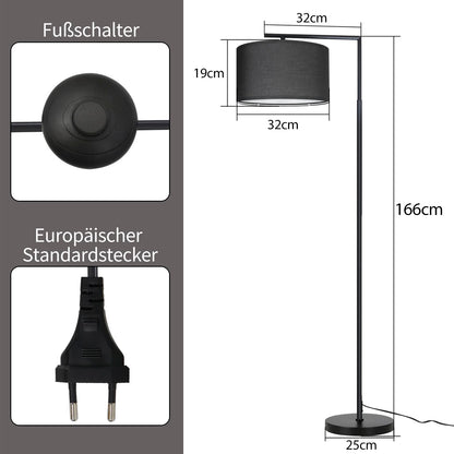 ZMH Stehlampe Wohnzimmer Schwarz Stehleuchte: Modern Standleuchte Stoff Design Deko Bogenlampe E27 Fassung Leselampe Max. 40W Wohnzimmerlampe mit Fußschalter Bettlampe 166cm Ohne Leuchtmittel