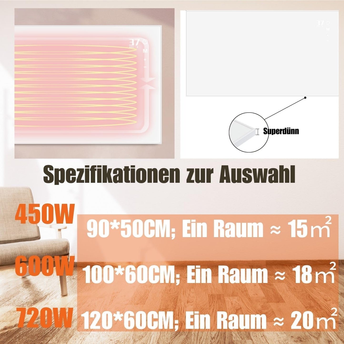 ZMH Infrarotheizung mit Thermostat Infrarot Wandheizung - 450W Elektroheizung mit Fernbedienung Elektrisch Heizung Energiesparend Standgerät Elektroheizkörper Wandmontage Heizgerät