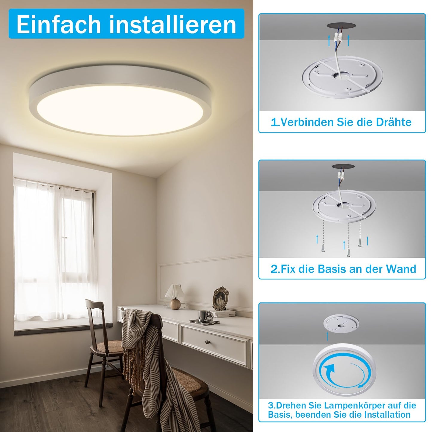 ZMH LED Deckenleuchte Flach Weiß - 24W Modern Badezimmerlampe 3000K Deckenlampe Rund 23CM IP44 Warmweiß Badlampe für Flur Balkon Badezimmer Küche Wohnzimmer