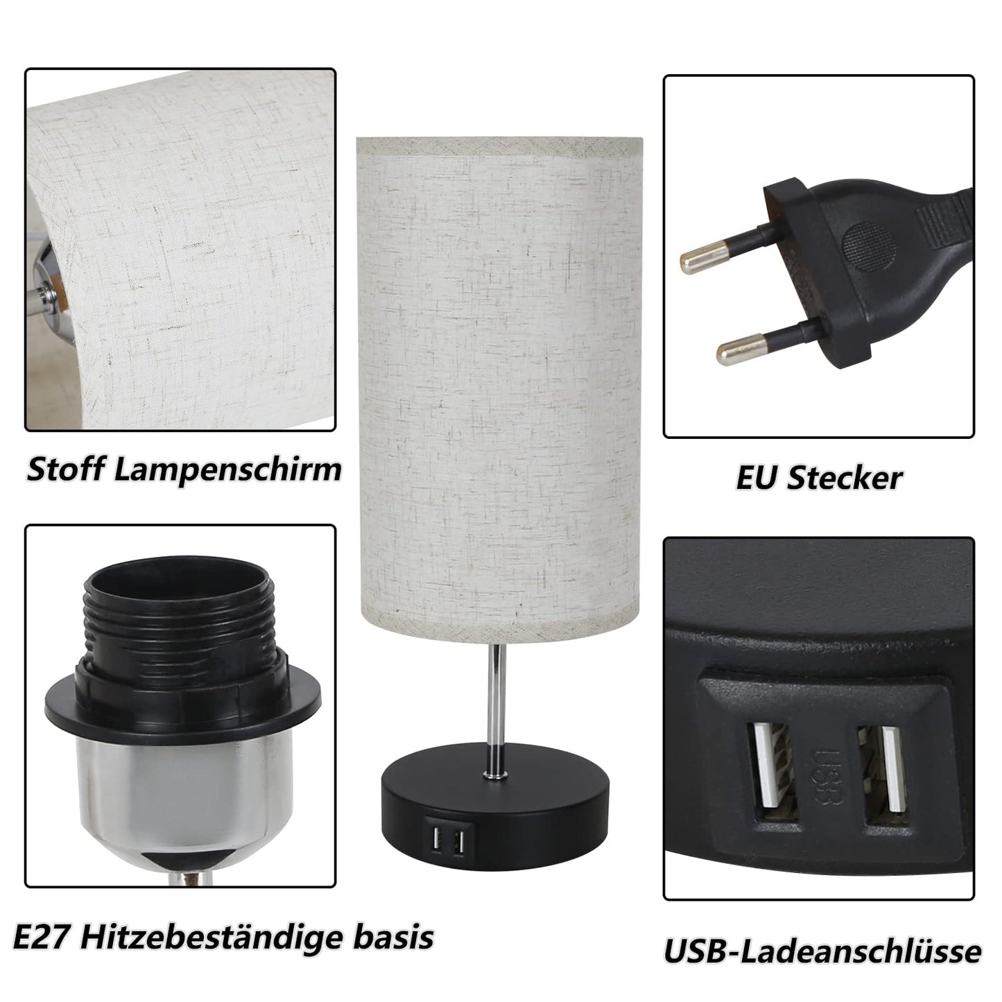 ZMH Nachttischlampe Touch Dimmbar Tischlampe Wohnzimmer - Ladefunktion Nachttischleuchte Schwarz Vintage Tischleuchte Aufladbar USB Nachtlicht Modern E27 Stoff Bettlampe für Schlafzimmer Büro