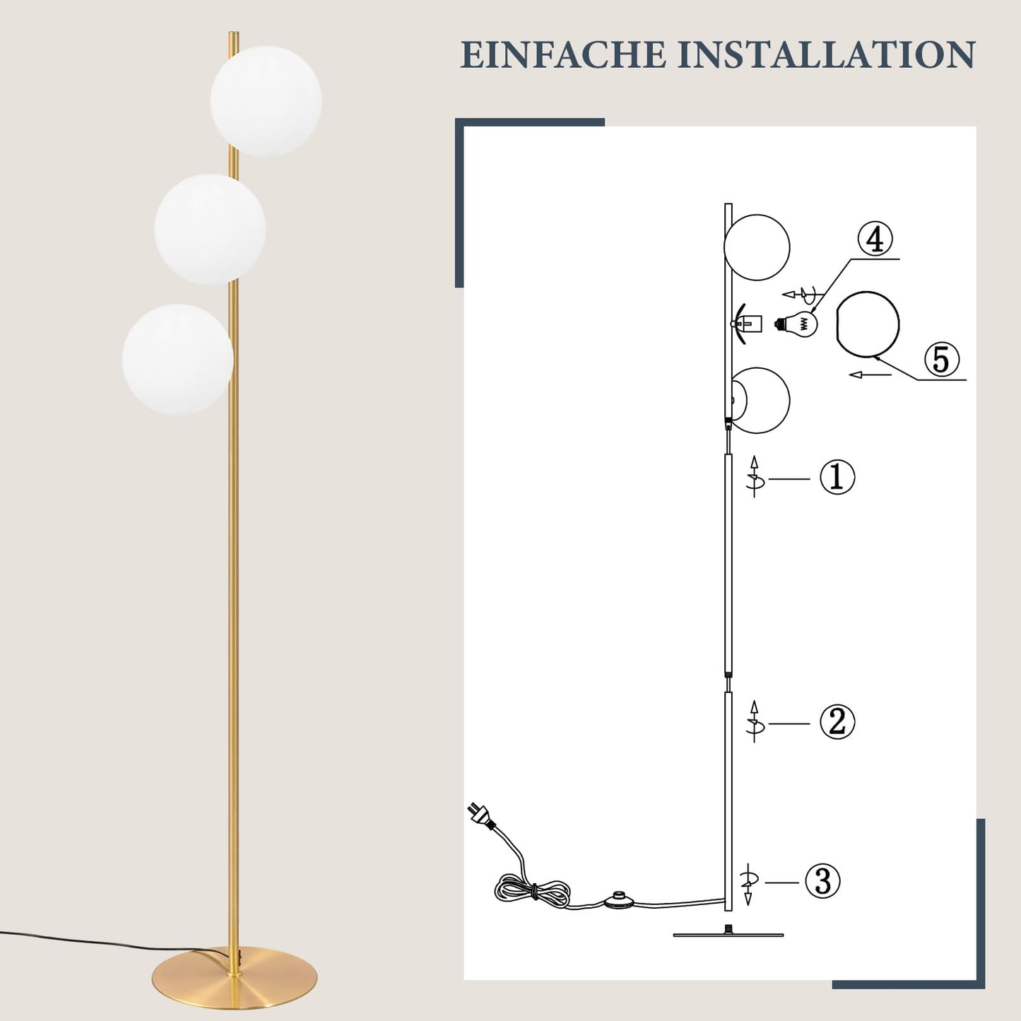 ZMH Stehlampe Wohnzimmer Modern Standleuchte - Gold Industrial Stehleuchte 3 Flammig mit Fußschalter Metall Design aus Weiß Glas Standlampe E27 Vintage Bodenlampe für Schlafzimmer Büro kinderzimmer