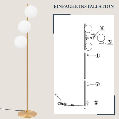 ZMH Stehlampe Wohnzimmer Modern Standleuchte - Gold Industrial Stehleuchte 3 Flammig mit Fußschalter Metall Design aus Weiß Glas Standlampe E27 Vintage Bodenlampe für Schlafzimmer Büro kinderzimmer