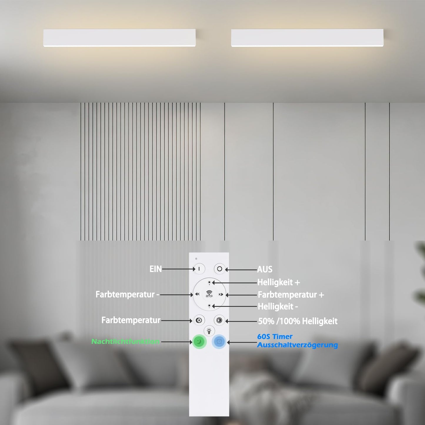 ZMH Deckenlampe LED Deckenleuchte Dimmbar - 53.6CM Wohnzimmerlampe Lang Bürolampe Küchenlampe Modern Design mit Fernbedienung 17W Büro Deckenbeleuchtung Panel für Wohnzimmer Schlafzimmer