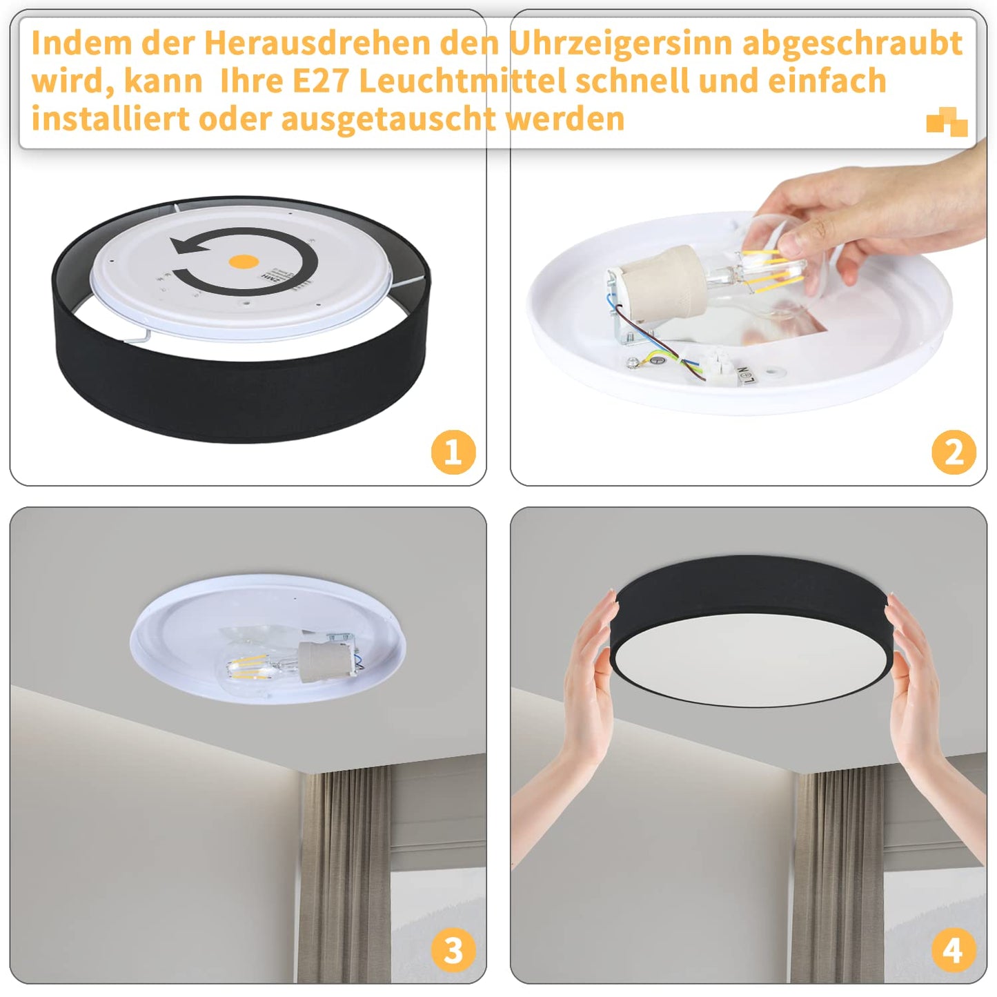 ZMH ZMH Deckenlampe Rund Deckenleuchte Schlafzimmer - Schwarz 30CM Stoff Schlafzimmerlampe Modern Wohnzimmerlampe 1 Flammig E27 Küchenlampe mit Stoffschirm Flurlampe für Wohnzimmer Küche Flur