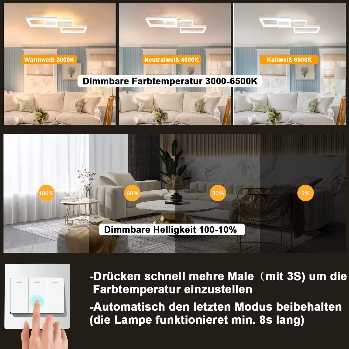 ZMH Deckenlampe LED Deckenleuchte Wohnzimmer - 48W Wohnzimmerlampe Dimmbar mit Fernbedienung Schlafzimmerlampe Modern Design Schlafzimmer Deckenbeleuchtung Küchenlamp Weiß für Küche Flur Büro