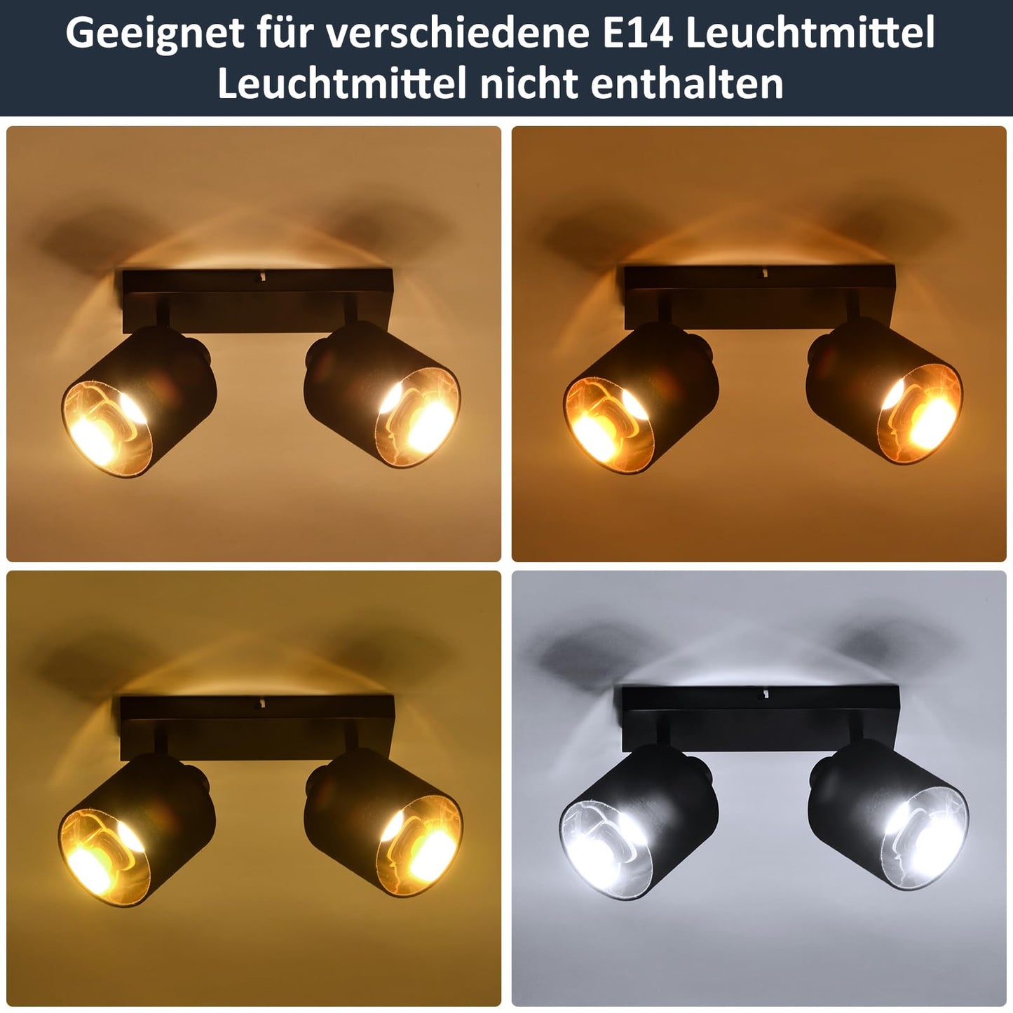 ZMH Deckenlampe 2 Flammig Deckenstrahler Schwarz - Deckenleuchte Vintage Deckenspot E14 Flurlampe Schwenkbar 350° MAX.25W Stoffschrim für Wohnzimmer Schlafzimmer Küche Ohne Leuchtmittel