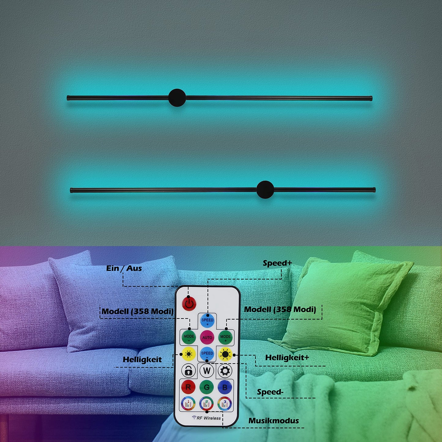 ZMH Led Wandleuchte Innen Wandlampe RGB - 100CM Schwarz Musik Flurlampe Modern Design Dimmbar mit Fernbedienung 8W Wandbeleuchtung für Flur Treppenhaus Schlafzimmer Wohnzimmer