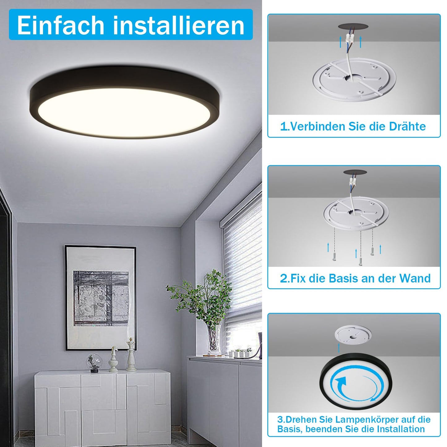 ZMH LED Deckenleuchte Rund Schwarz - 24W Deckenlampe Modern LED Badlampe Neutralweiß 4000K IP44 Ultra Dünn Ø 23 CM Wasserfest für Küche Büro Wohnzimmer Badezimmer Kinderzimmer