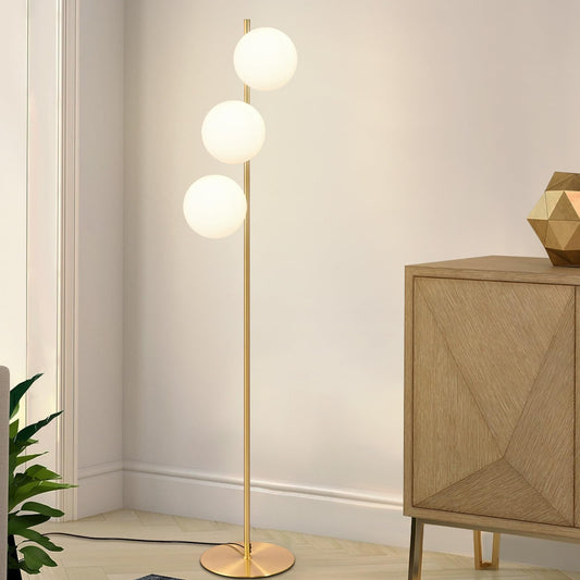 ZMH Stehlampe Wohnzimmer Modern Standleuchte - Gold Industrial Stehleuchte 3 Flammig mit Fußschalter Metall Design aus Weiß Glas Standlampe E27 Vintage Bodenlampe