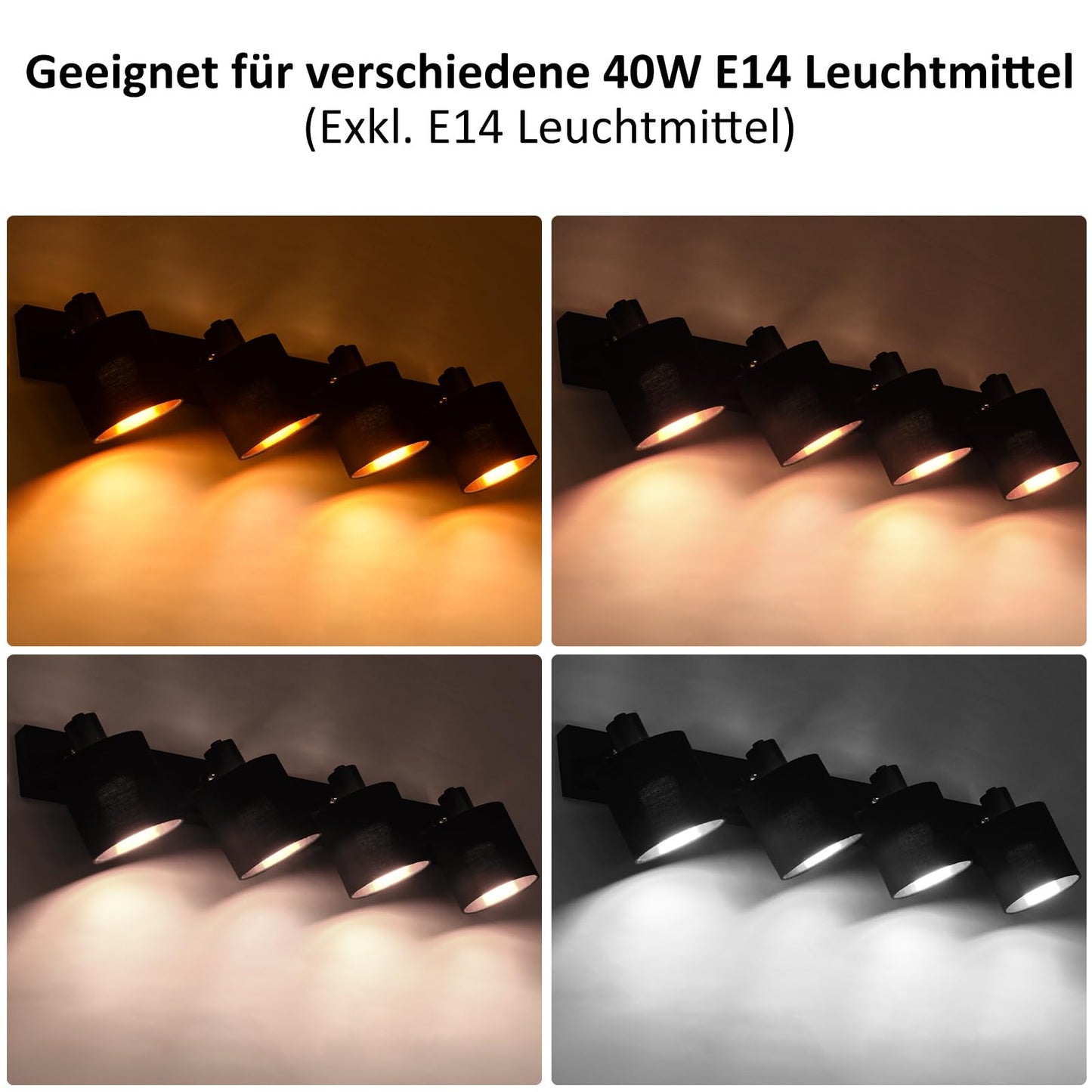 ZMH Deckenlampe 4 Flammig Deckenstrahler Schwarz - Deckenleuchte Wohnzimmer Vintage Wohnzimmerlampe E14 Schwenkbar 350° MAX.25W Stoffschrim für Schlafzimmer Flur(ohne Leuchtmittel)