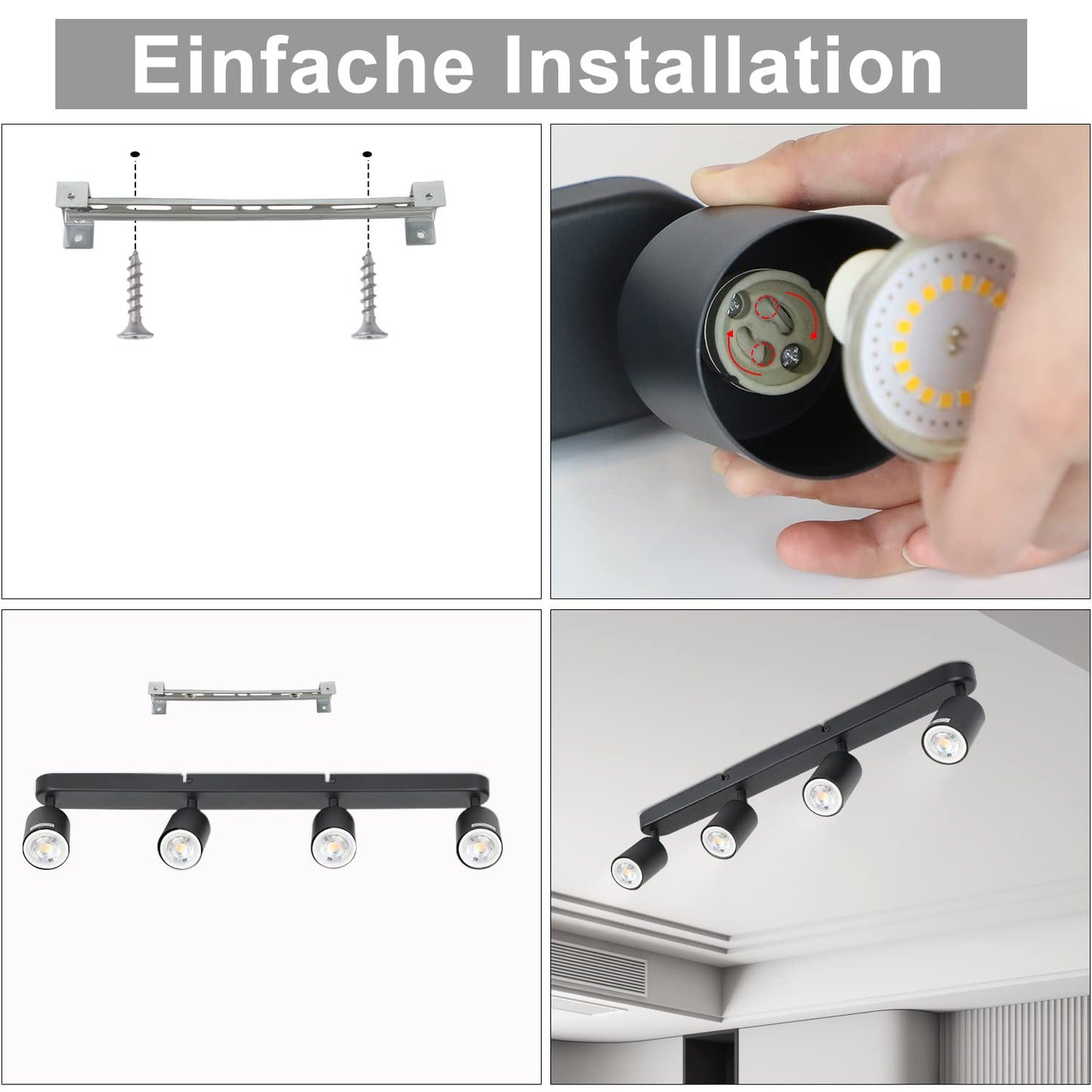 ZMH Deckenleuchte mit 4 Flammig Schwarz Deckenstrahler - Deckenlampe Wohnzimmer Modern GU10 Deckenspots Metall Schwenkbar Design Wohnzimmerlampe für Flur Schlafzimmer Gänge Esszimmer - Ohne Glühbirne