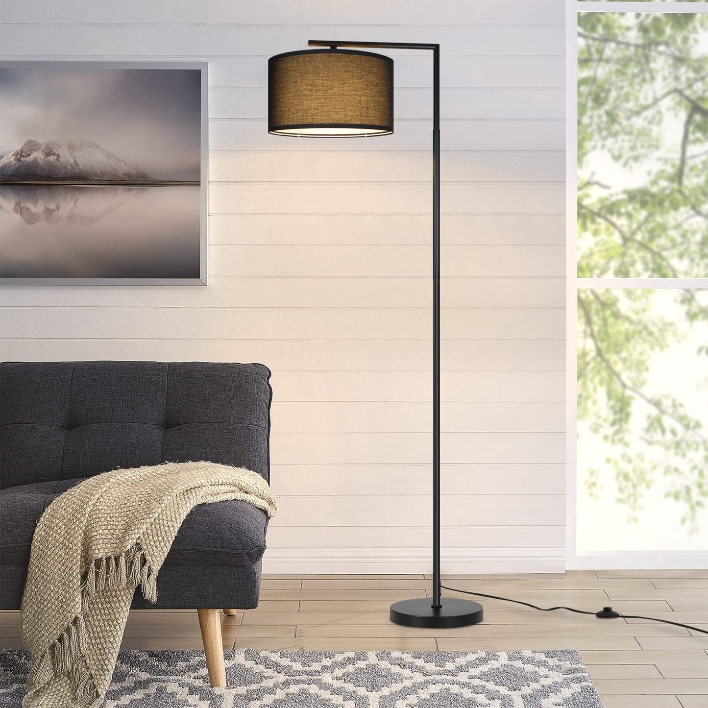 ZMH Stehlampe Wohnzimmer Schwarz Stehleuchte: Modern Standleuchte Stoff Design Deko Bogenlampe E27 Fassung Leselampe Max. 40W Wohnzimmerlampe mit Fußschalter Bettlampe 166cm Ohne Leuchtmittel