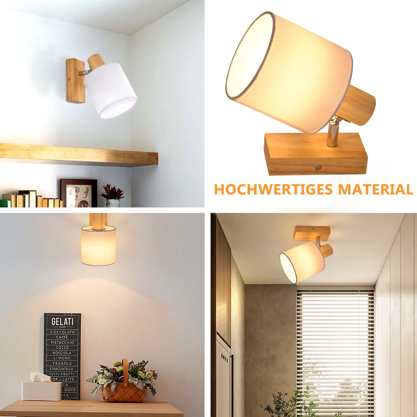 ZMH Wandleuchte Innen Wandstrahler Vintage - Holz Wandlampe Wandspot Retro E14 Schwenkbar Wandbeleuchtung Wand Lampen Industrial Stoffschrim MAX.40W für flur Küche, ohne Leuchtmittel