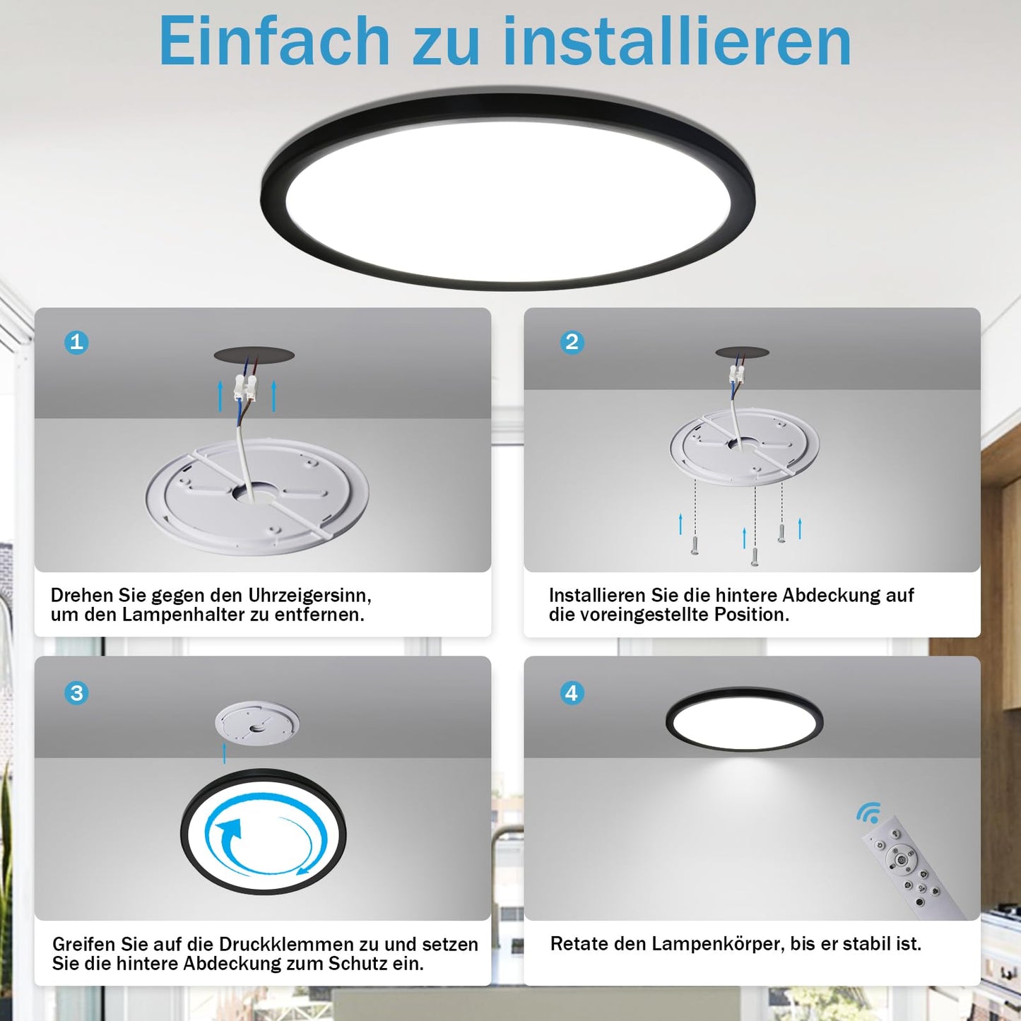 ZMH LED Deckenleuchte Flach Farbwechsel - 28W RGB Dimmbar Deckenlampe Fernbedienung Schwarz Rund Hintergrundbeleuchtung Ø30CM für Schlafzimmer Badezimmer Küche Flur, 3000K-6500K