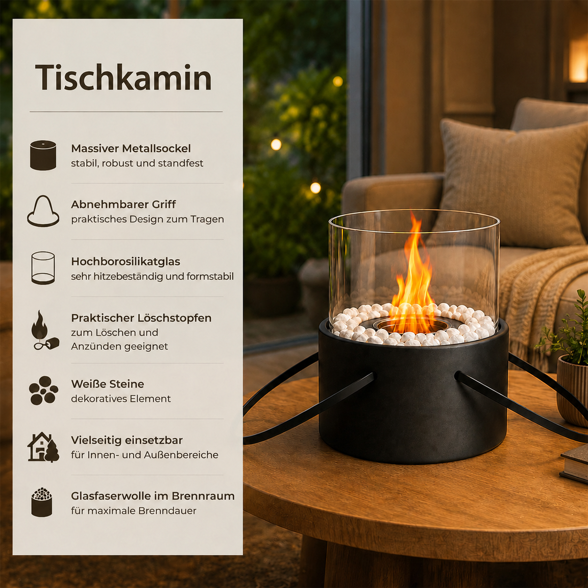 ZMH Bio-Ethanol Tischfeuer mit Tragegriff – Zylindrisch, Tragbar für Innen & Außen