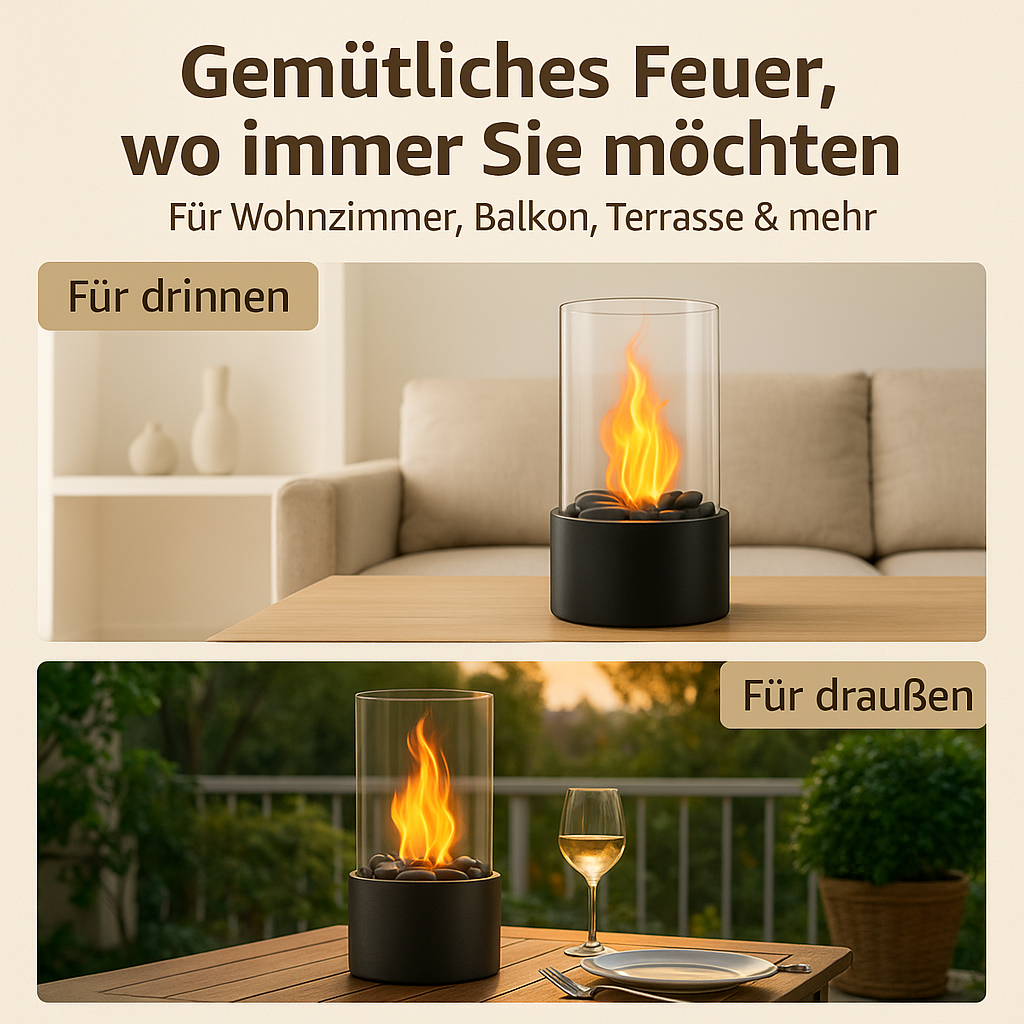 Tischkamin Ethanol Set – Tragbare Tischfeuerstelle mit Deko-Steinen – Dekorativer Innenfeuerstelle Kleine Feuerschale Heizung Edelstahl Ethanolfeuer Geeignet für Zuhause Balkon Garten Camping